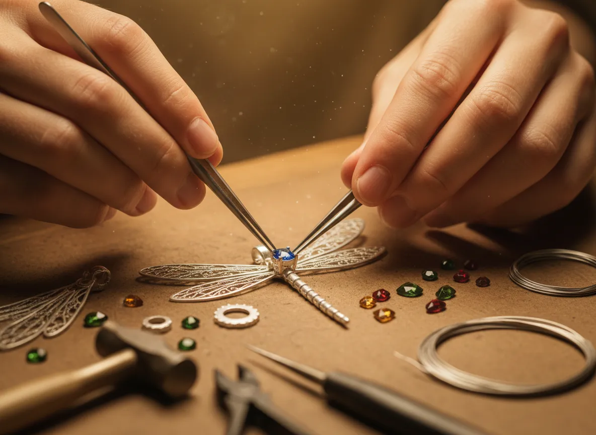 Jeweler assembling delicate dragonfly pendant in studio